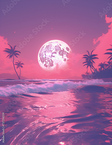 Vaporwave Landscape, Moon, Ocean Waves, Sand, Clouds, Palm Trees, Sky, Pink, Turquoise, Blue, Purple colors, Retro 80s, Synthwave, Retro Futuristic, neon pastel colors photo