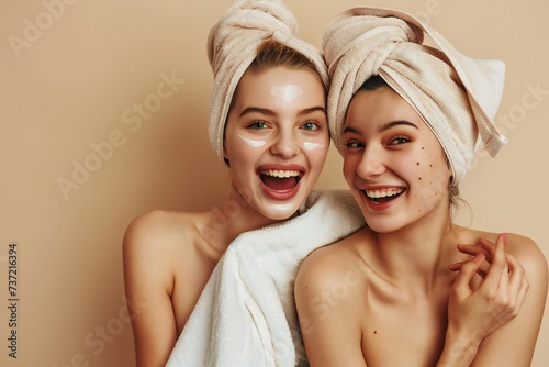 No filter photo of excited cheerful lovely girls speaking sharing news beauty salon procedure isolated on peach color textile background