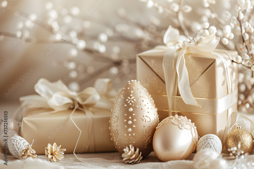 Golden Elegance: A Festive Collection of Decorated Eggs and Gifts Adorned with Golden Ribbons Golden Elegance: A Festive Collection of Decorated Eggs and Gifts Adorned with Golden Ribbons