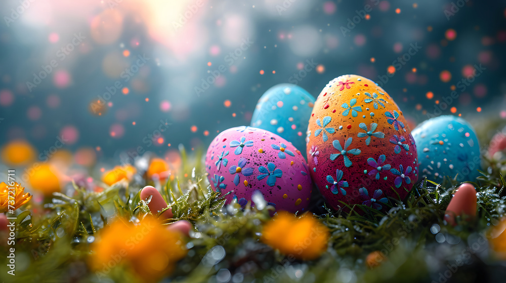 Colorful easter eggs in the grass with bokeh background Colorful easter eggs in the grass with bokeh background