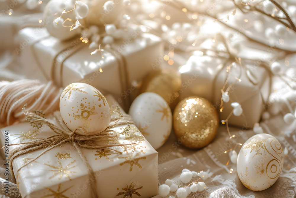 Golden Elegance: A Festive Collection of Decorated Eggs and Gifts Adorned with Golden Ribbons