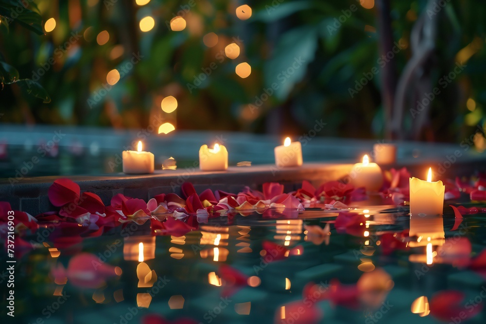 Spa or Jacuzzi with flower petals and candles in a romantic getaway Spa or Jacuzzi with flower petals and candles in a romantic getaway