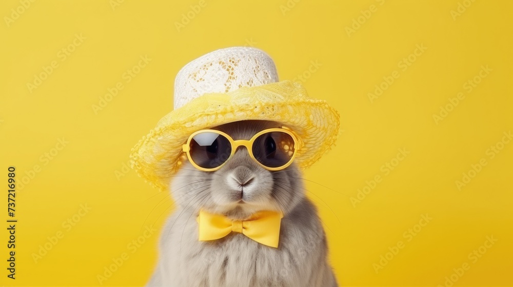 Creative animal concept. Rabbit bunny in glam fashionable couture high end outfits isolated on bright background advertisement, copy space