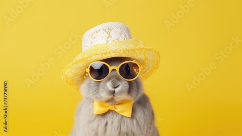 Creative animal concept. Rabbit bunny in glam fashionable couture high end outfits isolated on bright background advertisement  copy space