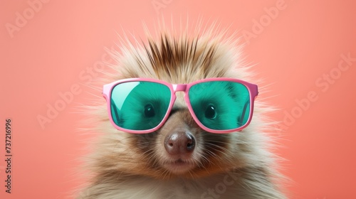 Creative animal concept. Porcupine in sunglass shade glasses isolated on solid pastel background, commercial, editorial advertisement, surreal surrealism