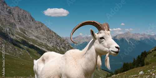 Alpine goat against a background of mountains and blue sky. © hobonski