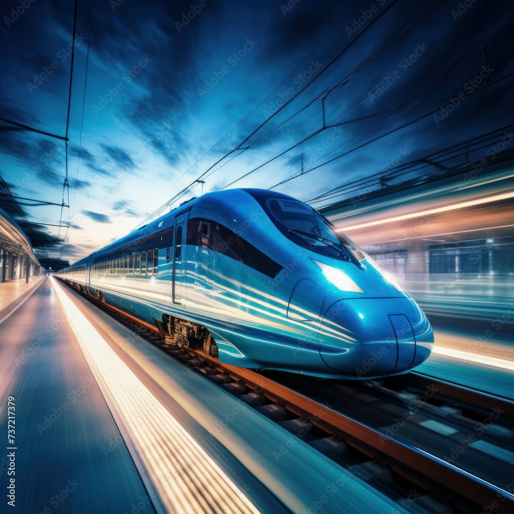 Speedy long train rushes on tracks, fast transportation motion. AI generative.
