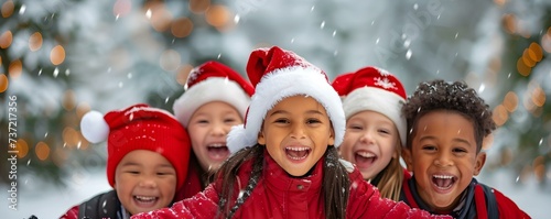 Diverse children joyfully celebrating the holiday season together. Concept Holiday Gathering, Cultural Diversity, Joyful Kids, Festive Celebrations, Unity in Holidays
