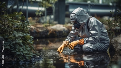 A scientist wearing a protective uniform takes samples of wastewater for quality analysis in the laboratory. Viral, bacterial, biological contamination of the environment, an environmental problem.