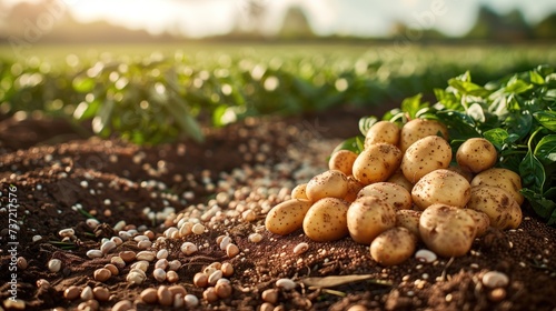 Agriculture vegetable field. Beans, grains, nuts and seeds, potatoes, field background.
