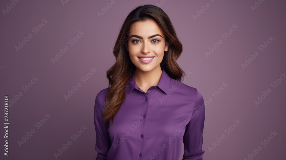 Fototapeta premium Beautiful young businesswoman in purple shirt. Isolated on purple background