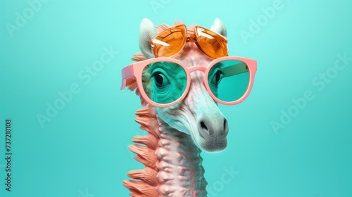 Creative animal concept. Seahorse in sunglass shade glasses isolated on solid pastel background, commercial, editorial advertisement, surreal surrealism photo