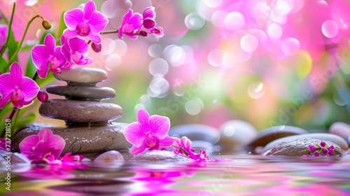 Zen Orchid Elegance: Vibrant Pink Blossoms and Balanced Stones Reflecting Peace and Nature. Spa Meditation Background with Tranquil Water and Serene Harmony.