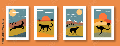 Vector illustration abstract still life with animals. Collection of abstract posters with animals fallow deer, cheetah, gazelle, kangaroo.