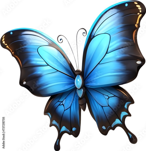 A beautiful illustration of a butterfly with blue wings flying against a white background, perfect for summer decoration