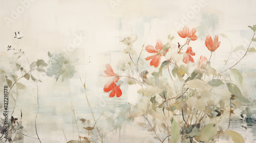 Watercolour Painting of Red Flowers and Grass