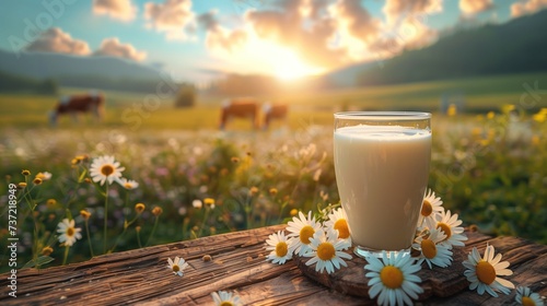 Fresh dairy products on a wooden table With livestock, dairy farm, beautiful grassland landscape, bright blue sky background. for advertising posters photo