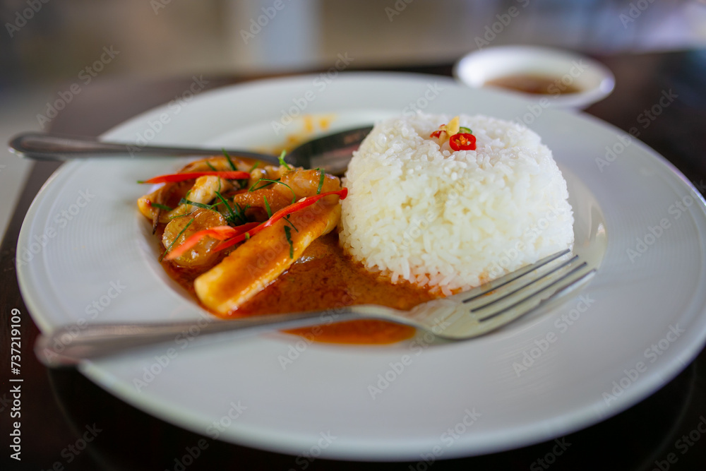Thai spicy curry with coconut milk and rice on white plate. Thai spicy curry with coconut milk and rice on white plate.
