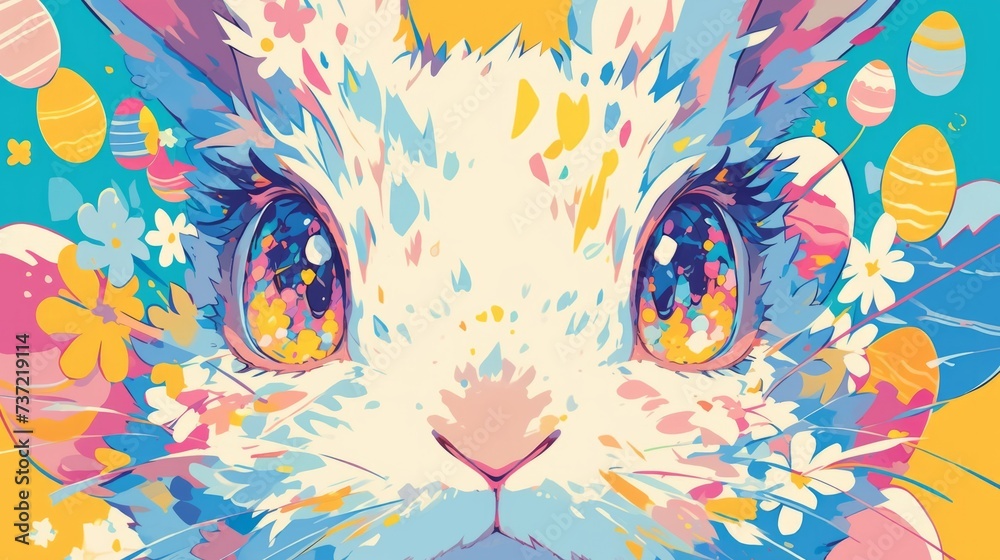 A painting of a white rabbit with bright colored eyes