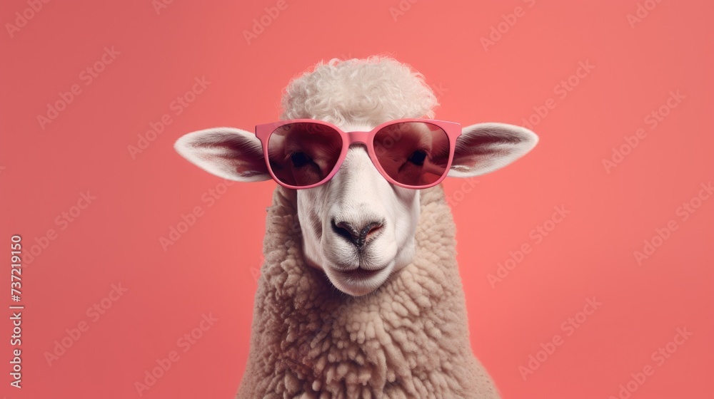 Creative animal concept. Sheep lamb in sunglass shade glasses isolated on solid pastel background, commercial, editorial advertisement, surreal surrealism