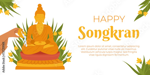 Songkran, Buddha water ceremony. Hand Pouring water the monk sculpture. Thailand New Year. Vector background in flat style for celebrating