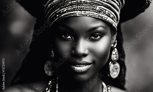 Portrait of a black-skinned beauty girl in rich folk attire photo