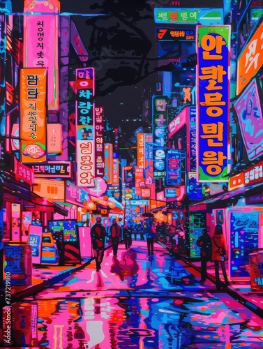 Colorful neon billboards at the Songpa Gu nightlife district in Seoul, South Korea.