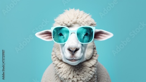 Creative animal concept. Sheep lamb in sunglass shade glasses isolated on solid pastel background, commercial, editorial advertisement, surreal surrealism