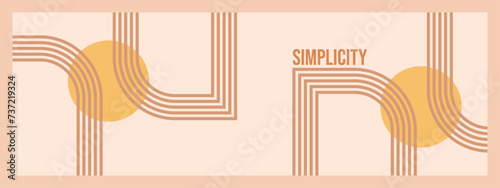 Minimalist geometric zen arches banner template with Text - Simplicity. Abstract boho shapes in a retro aesthetic for versatile design use. Vector concept design