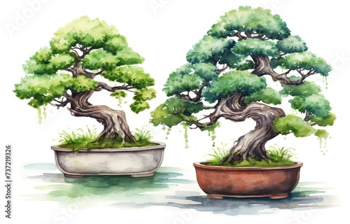 watercolor painting style illustration artwork cute bonsai tree blossoming spring time, isolated on white background, Generative Ai