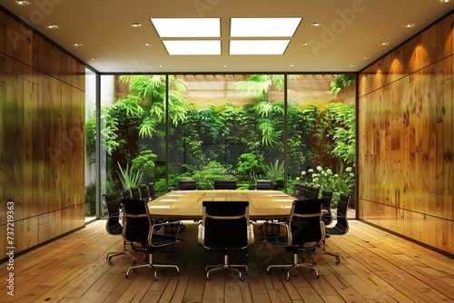 modern contemporary meeting conference room modern office interior design space decorating with wooden wall and beautiful office furniture with garden background and window glass view