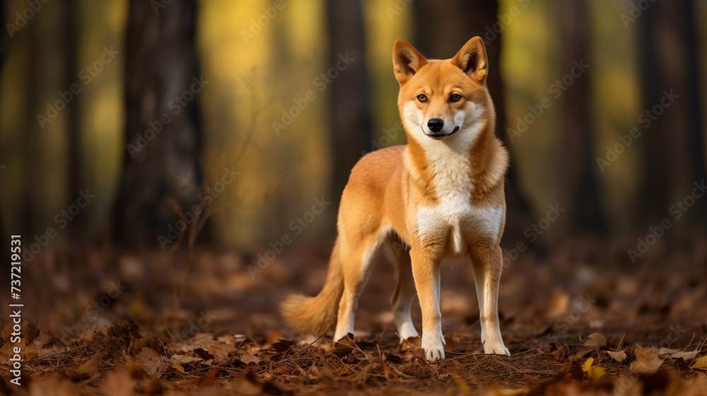 White And Brown Dog Standing in the Forest