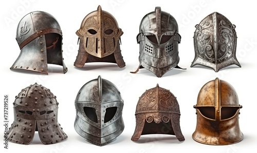 Gladiator medieval and antique helmets. Crusade 3d headdress with visor and protective plates made of metal and bronze with chain mail ornament
