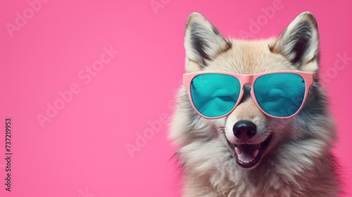 Creative animal concept. Wolf in sunglass shade glasses isolated on solid pastel background, commercial, editorial advertisement, surreal surrealism