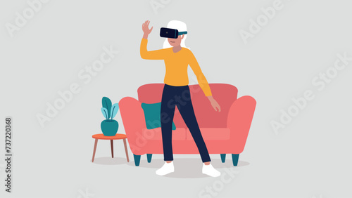 Vektor-Illustration einer Frau, die eine Virtual-Reality-Brille in ihrem Wohnzimmer benutzt - Konzept der künstlichen Intelligenz