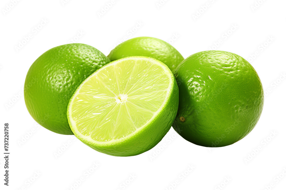 illustration of fresh limes both whole and sliced, Isolated on transparent PNG background, Generative ai