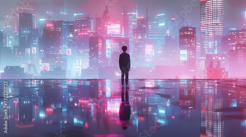 Silhouette of a boy in front of the futuristic city photo