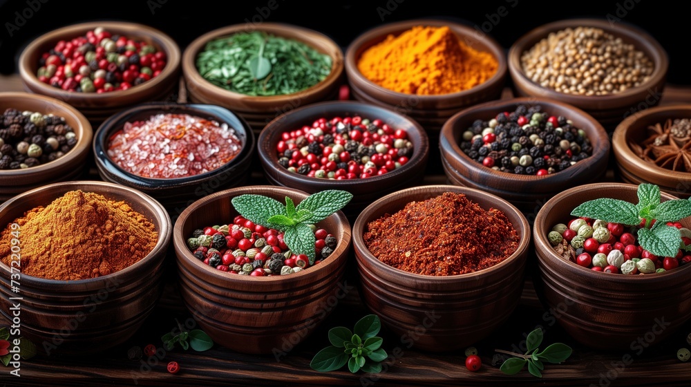 From the top view of a small bowl Lots of jars of various spices and herbs placed on a wooden background. From the top view of a small bowl Lots of jars of various spices and herbs placed on a wooden background.