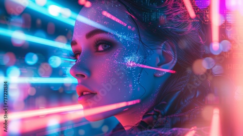 Close-up potrait of a Woman Face in Futuristic Style Fashion with a Cybernetic Neon Cyberpunk Background Light