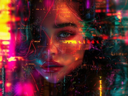 Close-up potrait of a Woman Face in Futuristic Style Fashion with a Cybernetic Neon Cyberpunk Background Light
