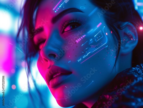 Close-up potrait of a Woman Face in Futuristic Style Fashion with a Cybernetic Neon Cyberpunk Background Light