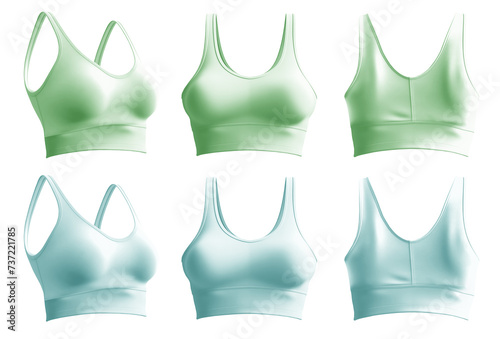 2 Set of pastel green turquoise blue, front back side view, sports exercise bra tank crop top on transparent background cutout, PNG file. Mockup template for artwork graphic design