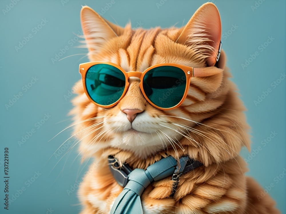 Generative AI illustration of fantasy character with cat head in sunglasses and headphones wearing white jacket listening to music against pink and blue