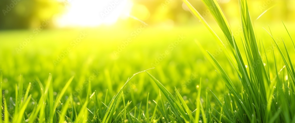 Green grass and sunlight background. Sunset in the grass. Green grass and sun rays.