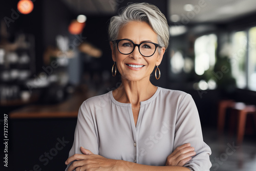 Portrait of sincerely smiling middle aged elegant small business owner
