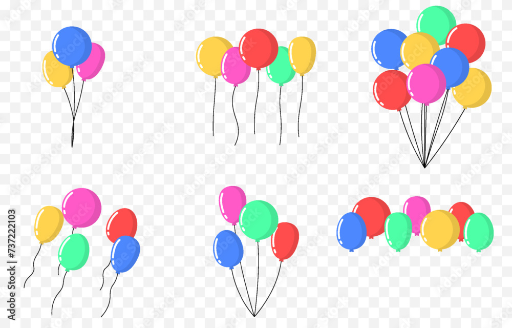 Vector set of helium balloons png. Bundles of balloons. Multi-colored helium balloons. Decoration, decor for the holiday.