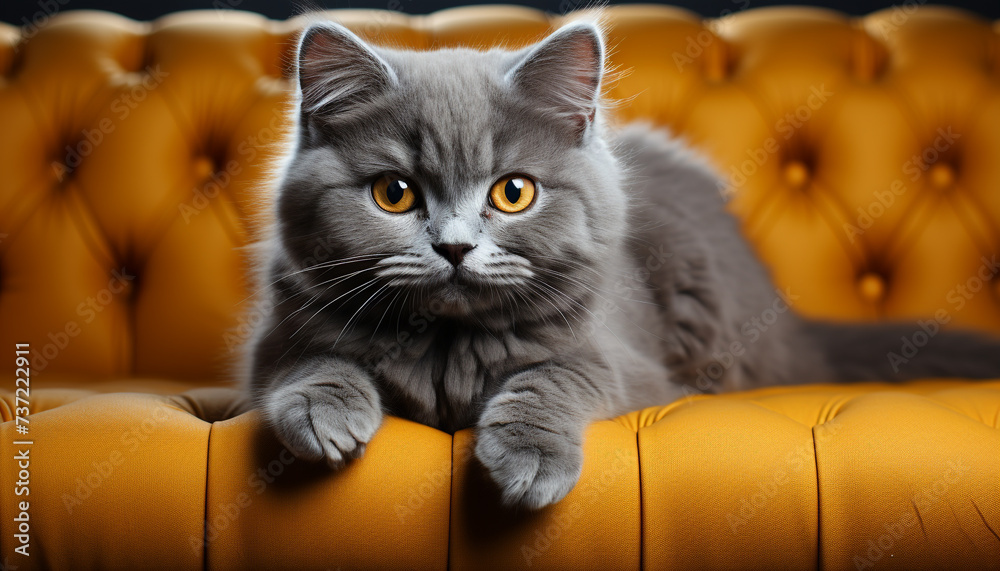 Cute kitten resting on sofa, staring with softness and charm generated by AI