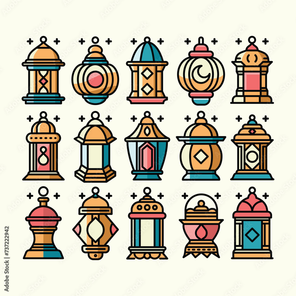 A vibrant set of colorful ornate lanterns illustration with line art and flat color design style. 