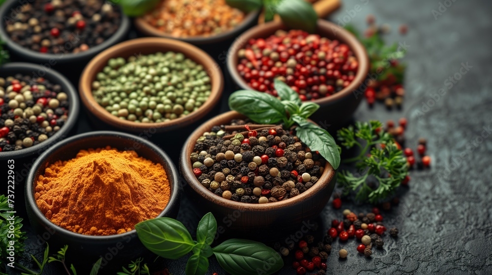 From the top view of a small bowl Lots of jars of various spices and herbs placed on a wooden background. From the top view of a small bowl Lots of jars of various spices and herbs placed on a wooden background.