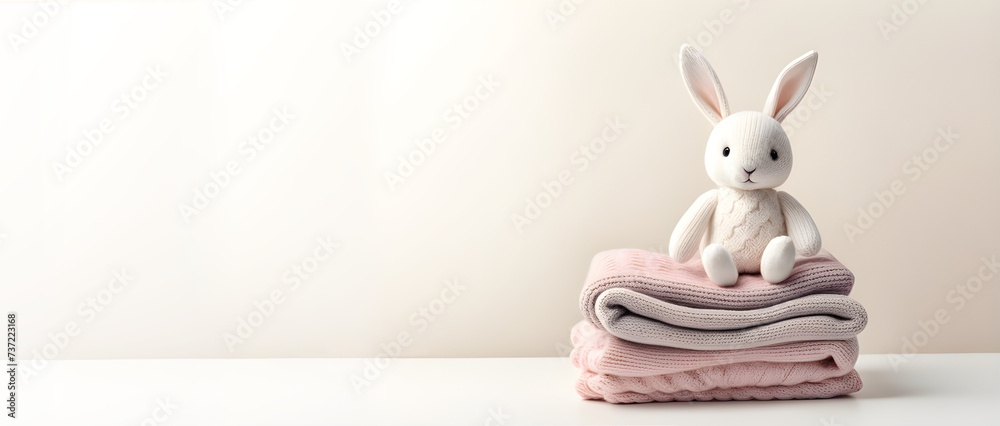 Peluche de conejo blanco sentado sobre ropa de lana. Pila de ropa de bebé con peluche de animal. IA. - obrazy, fototapety, plakaty 